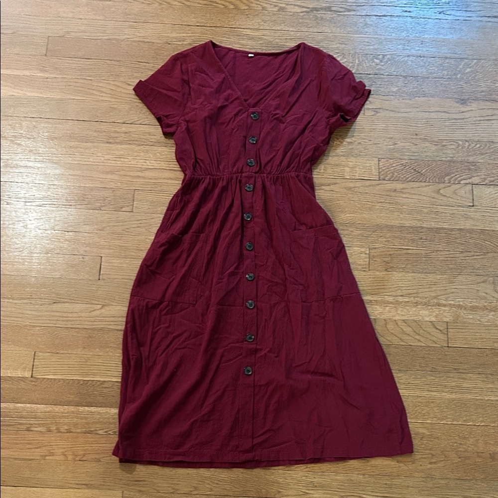 Women's Button-Front Burgundy Midi Dress